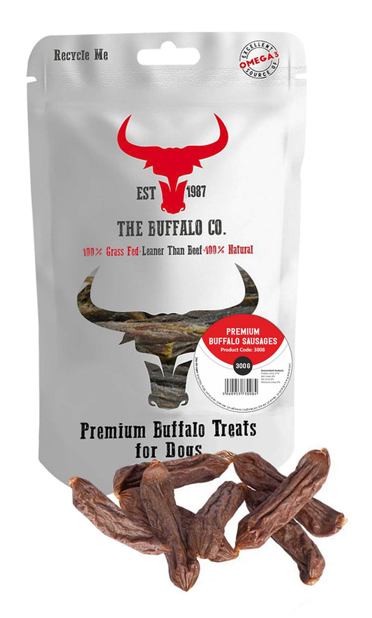 Premium Buffalo Sausage-Dog Treats in a white recyclable pouch with red buffalo logo and brown sausage treats displayed below