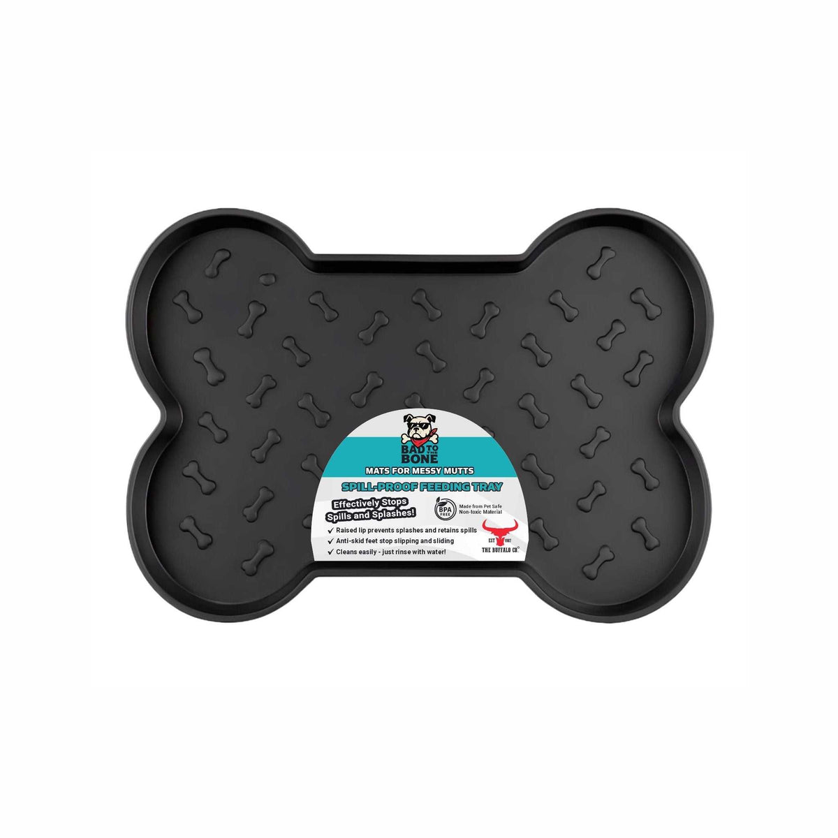 Spill-Proof Dog Feeding Mat in black with a raised bone-shaped rim and embossed bone pattern across its surface.