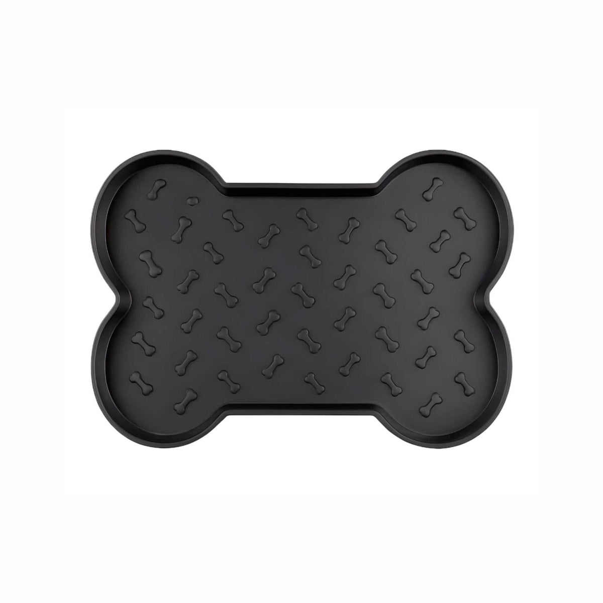Spill-Proof Dog Feeding Mat in black, with a raised bone-shaped rim and embossed bone pattern across its surface