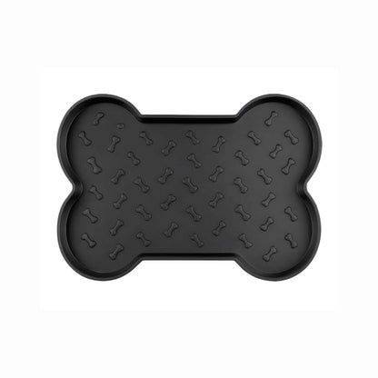 Spill-Proof Dog Feeding Mat in black, with a raised bone-shaped rim and embossed bone pattern across its surface