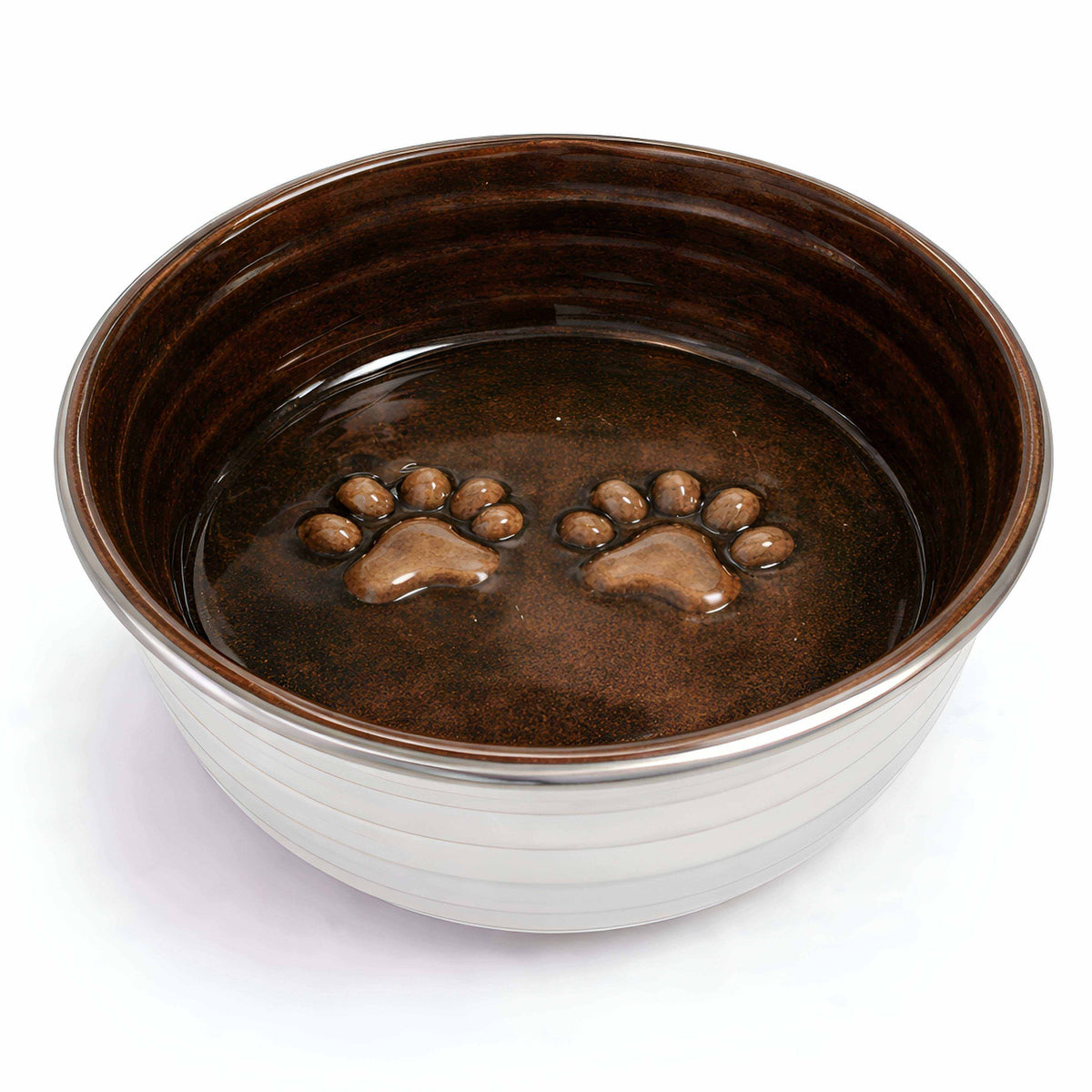 Dog bowl from The Poppy Collection with a glossy chocolate-brown interior, cream ribbed exterior and raised paw prints