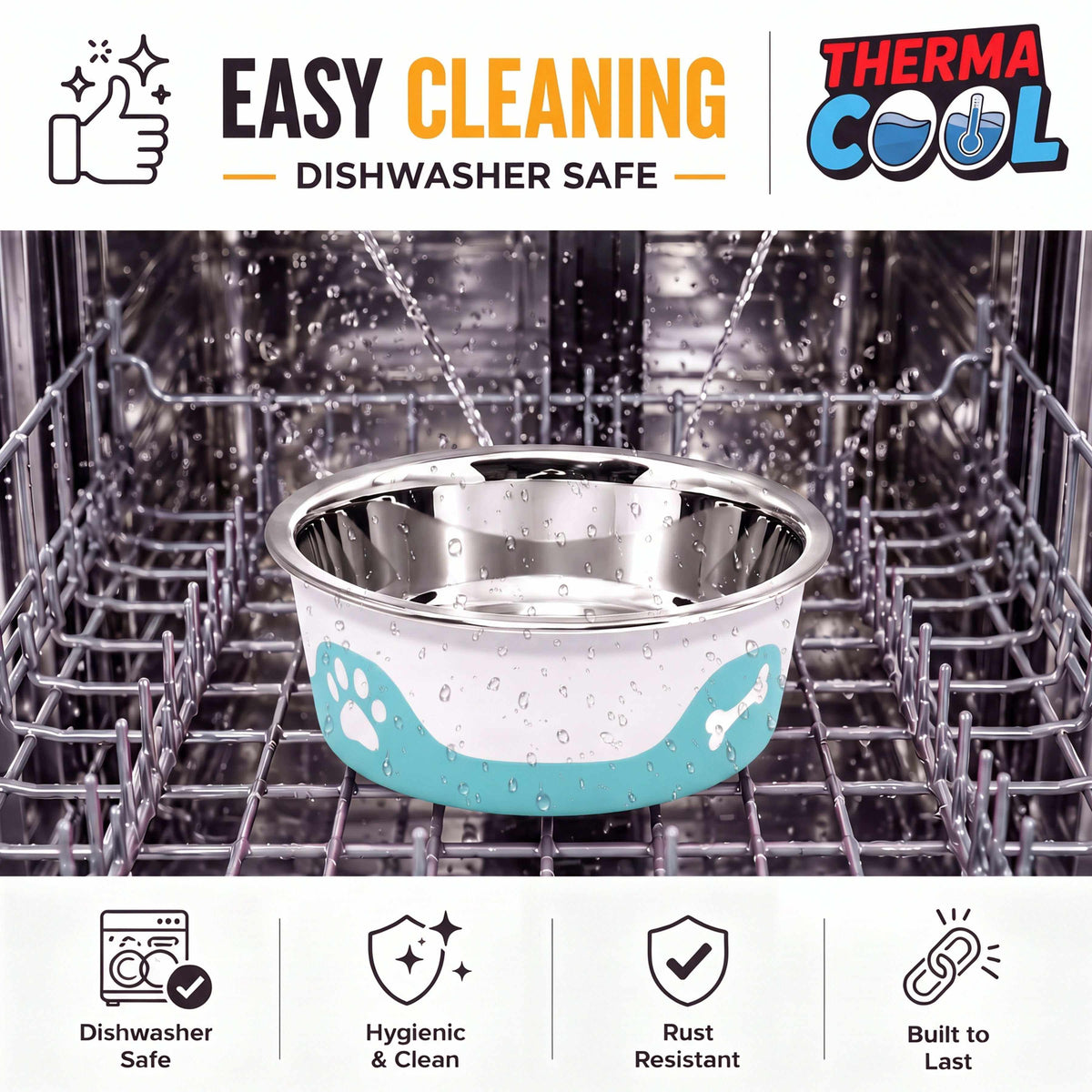 ThermaCool Dog Bowl in aqua blue with a stainless steel interior, shown as dishwasher safe and easy to clean