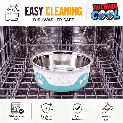 ThermaCool Dog Bowl in aqua blue with a stainless steel interior, shown as dishwasher safe and easy to clean