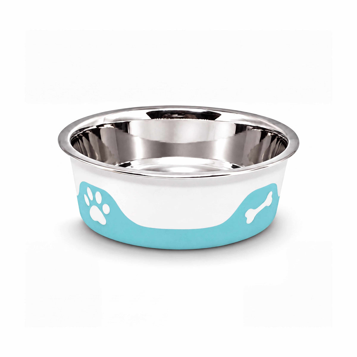 ThermaCool Dog Bowl with a shiny stainless steel interior, white body, and azure blue paw-print trim