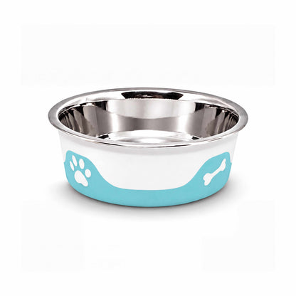 ThermaCool Dog Bowl with a shiny stainless steel interior, white body, and azure blue paw-print trim