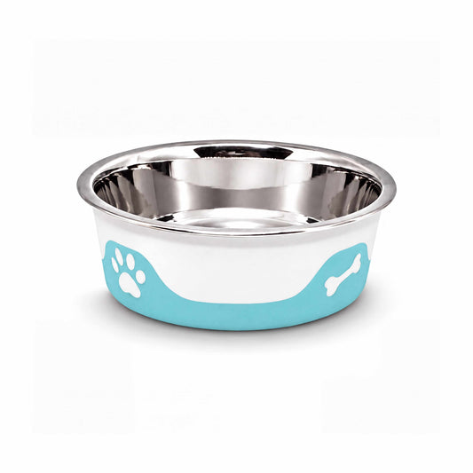 ThermaCool Dog Bowl with a shiny stainless steel interior, white body, and azure blue paw-print trim