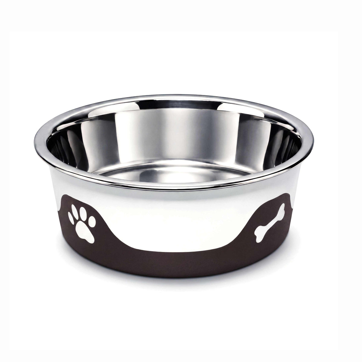 ThermaCool Dog Bowl in espresso brown with a reflective stainless steel interior and white paw and bone icons on its base.
