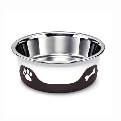 ThermaCool Dog Bowl in espresso brown with a reflective stainless steel interior and white paw and bone icons on its base.
