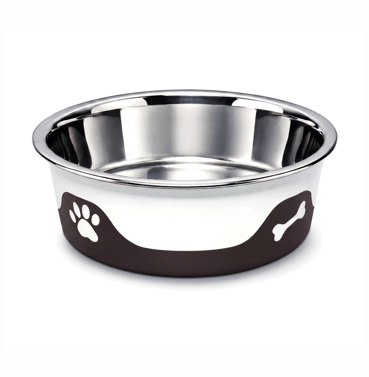 ThermaCool Dog Bowl with a stainless steel interior, espresso-brown outer shell and white paw and bone motifs