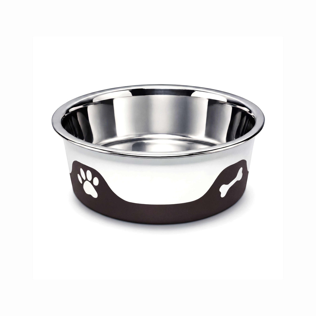 ThermaCool Dog Bowl in espresso with a polished stainless steel interior and dark brown base featuring white paw and bone motifs