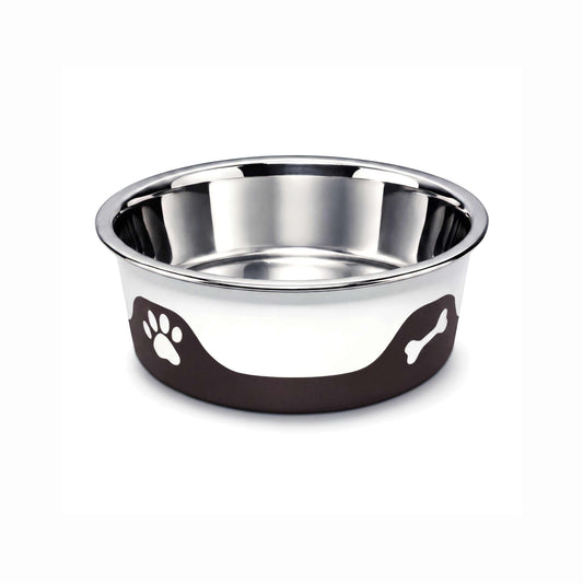 ThermaCool Dog Bowl in espresso with a polished stainless steel interior and dark brown base featuring white paw and bone motifs