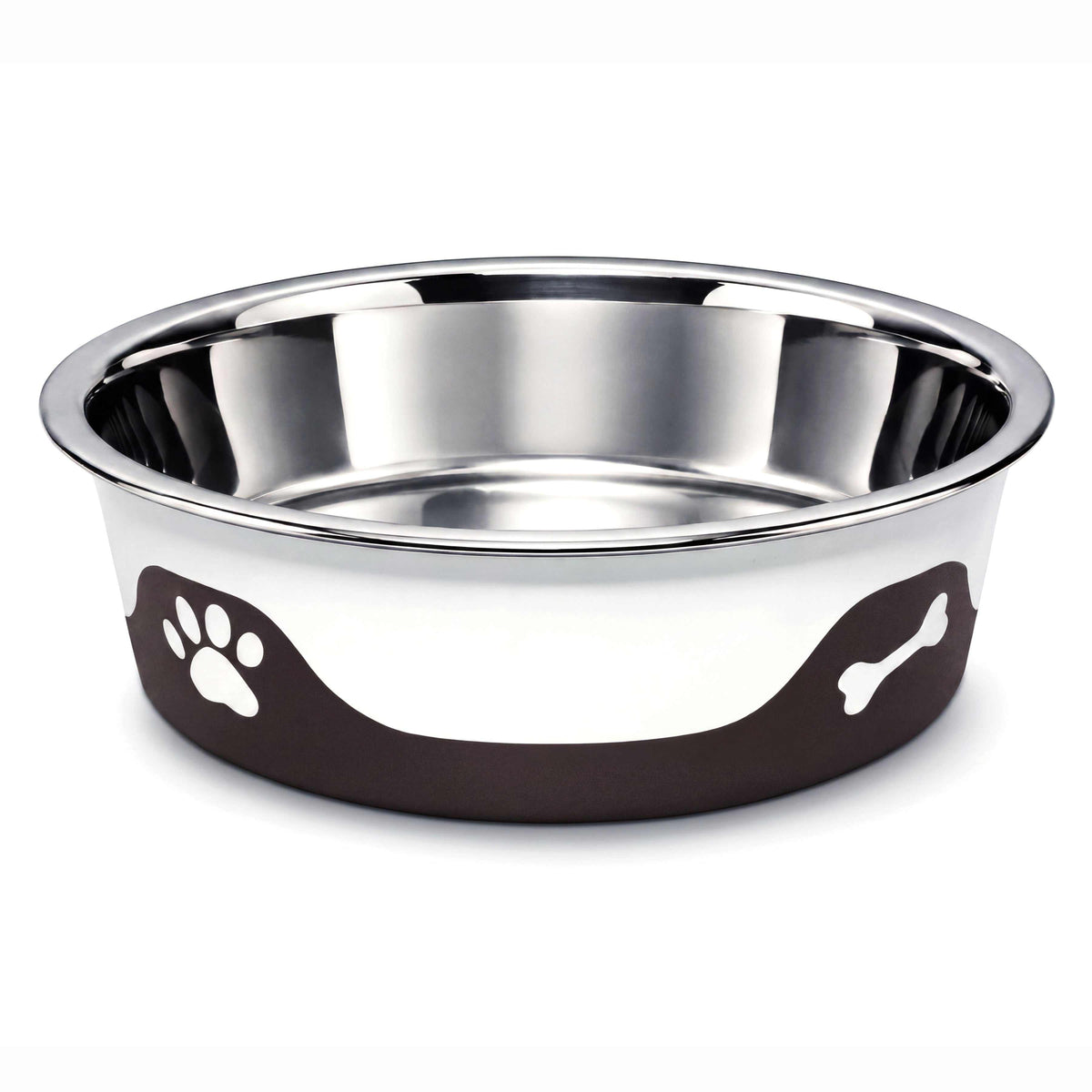 ThermaCool Dog Bowl with a stainless steel interior, espresso-brown outer base and white paw and bone motifs