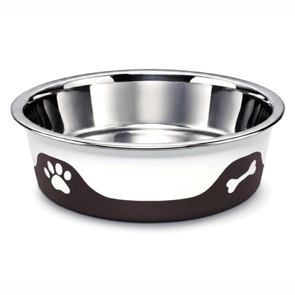 ThermaCool Dog Bowl with a stainless steel interior, espresso-brown outer base and white paw and bone motifs