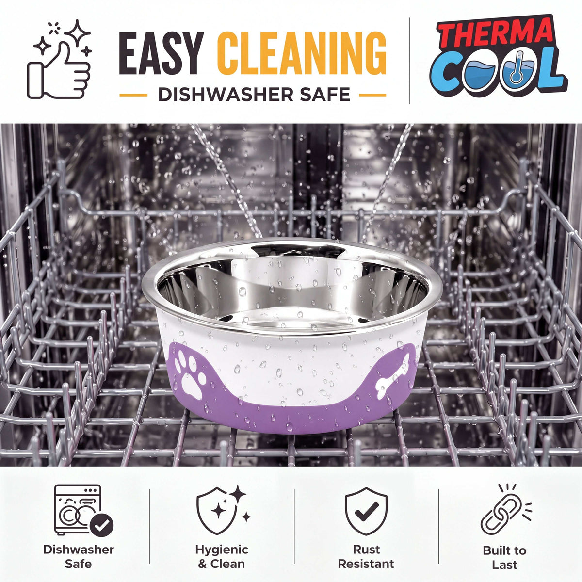 ThermaCool Dog Bowl with a grape purple plastic base and stainless steel interior, featuring a rounded insulated design
