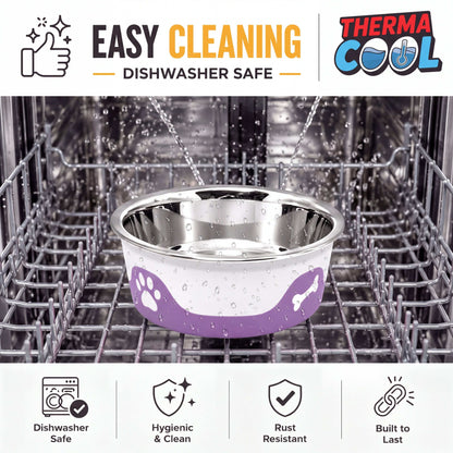 ThermaCool Dog Bowl with a grape purple plastic base and stainless steel interior, featuring a rounded insulated design