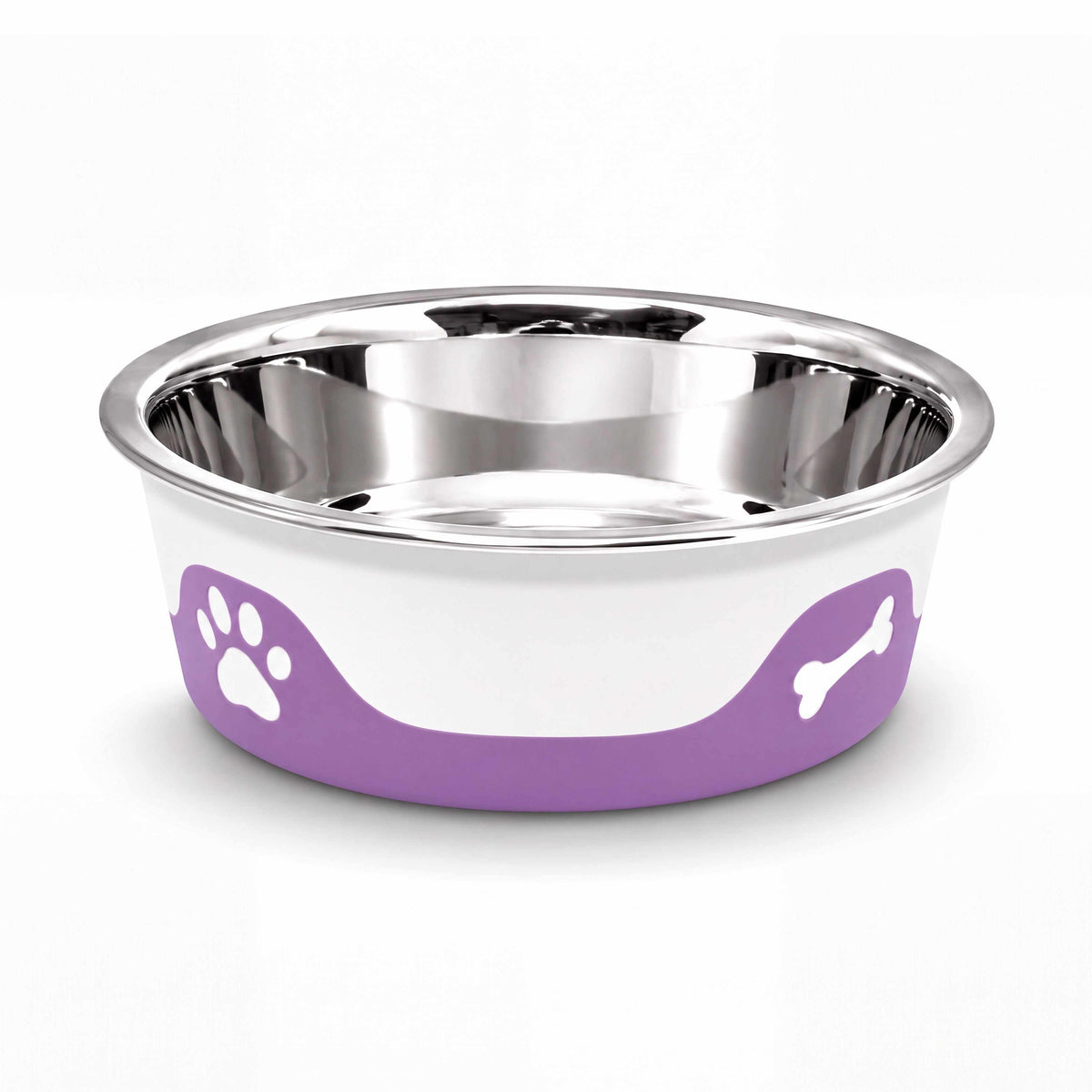 ThermaCool Dog Bowl in grape purple with a shiny stainless steel interior, white sides and paw and bone motifs
