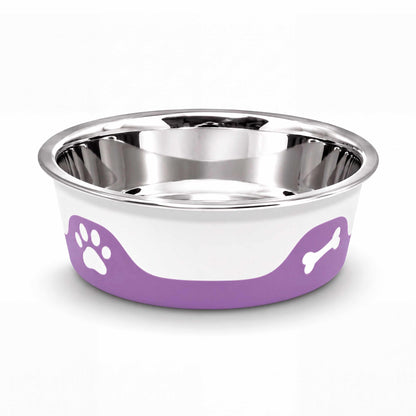 ThermaCool Dog Bowl in grape purple with a shiny stainless steel interior, white sides and paw and bone motifs
