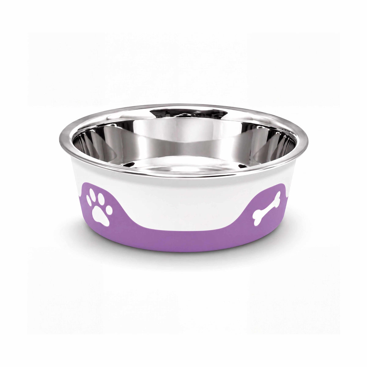 ThermaCool Dog Bowl with a reflective stainless steel interior, white sides, and grape-purple base featuring paw and bone prints