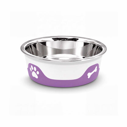 ThermaCool Dog Bowl with a reflective stainless steel interior, white sides, and grape-purple base featuring paw and bone prints