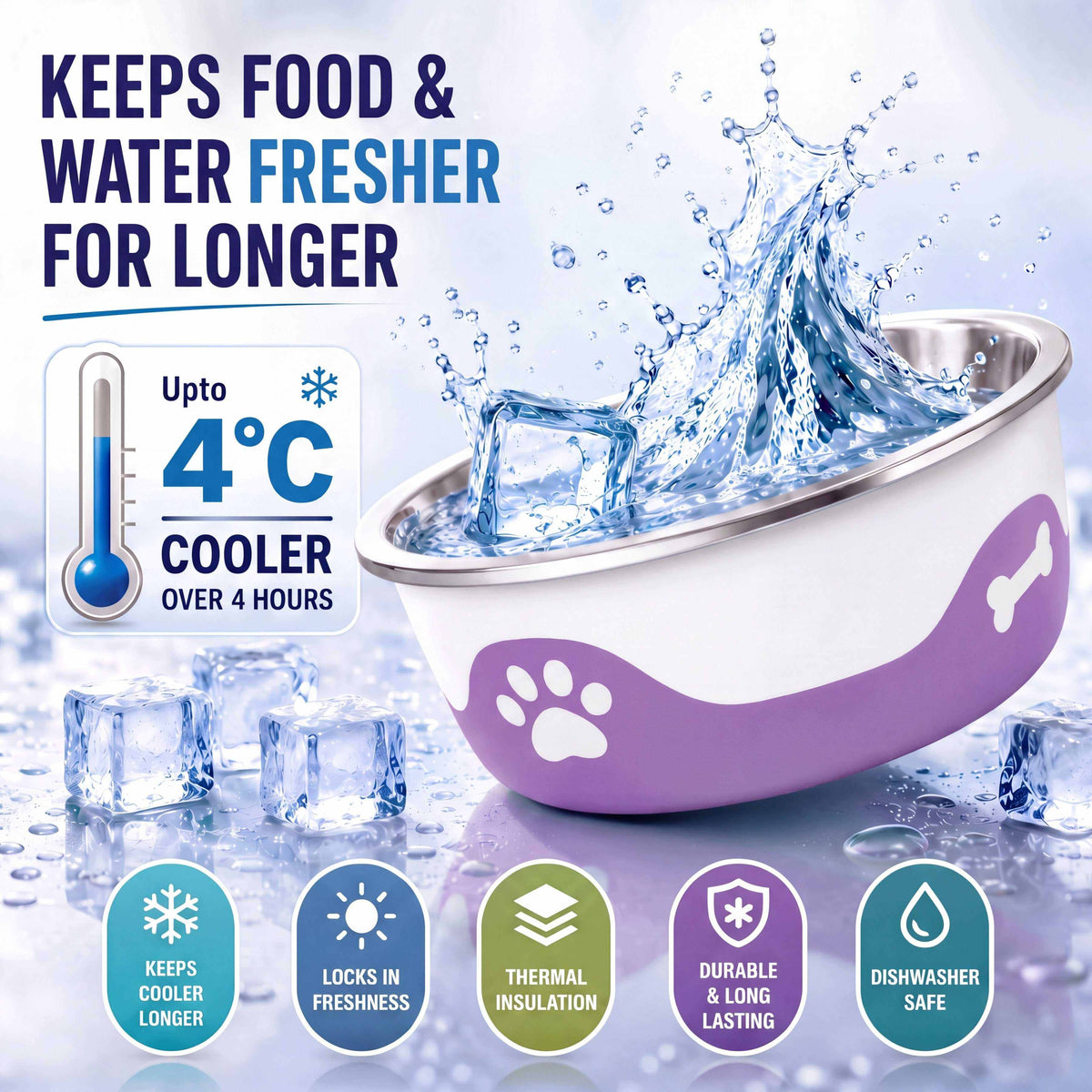 ThermaCool Dog Bowl in grape purple and white, with a stainless steel rim and paw-print design that keeps water cooler