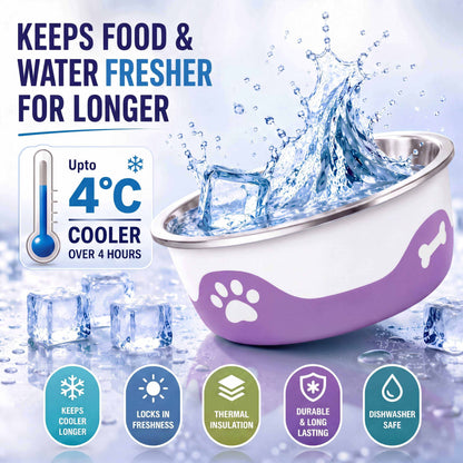 ThermaCool Dog Bowl in grape purple and white, with a stainless steel rim and paw-print design that keeps water cooler