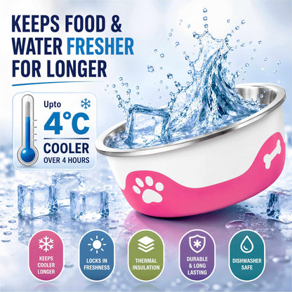 ThermaCool Dog Bowl with a hot pink patterned exterior, stainless steel interior, and non-slip insulated base