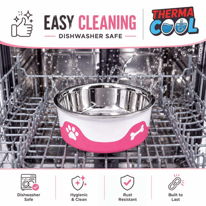 ThermaCool Dog Bowl in hot pink with a stainless steel interior, white paw and bone motifs, and insulated design