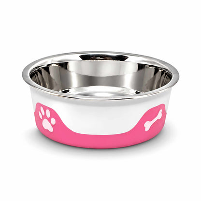 ThermaCool Dog Bowl with a stainless steel interior and hot pink thermoplastic base featuring white paw and bone motifs