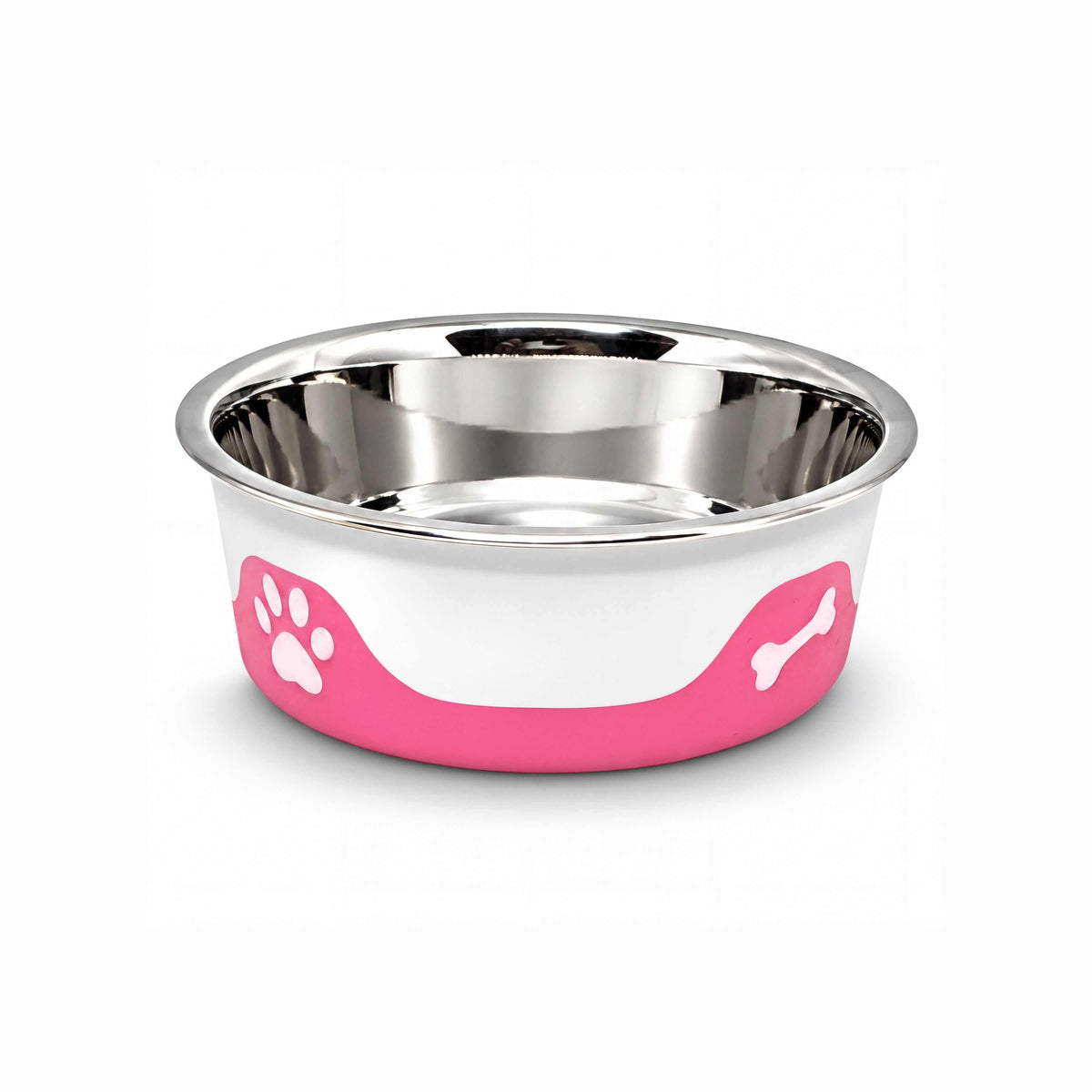 ThermaCool Dog Bowl in hot pink with a stainless steel interior, paw print and bone graphics, and a rounded base