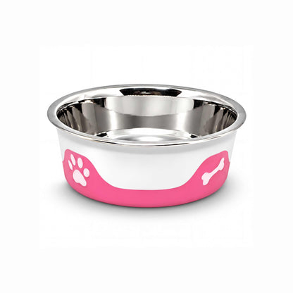 ThermaCool Dog Bowl in hot pink with a stainless steel interior, paw print and bone graphics, and a rounded base