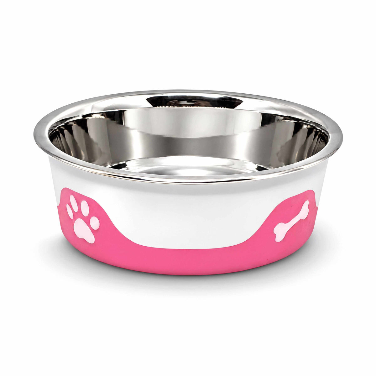 ThermaCool Dog Bowl in hot pink with a reflective stainless steel interior and paw print designs around the base