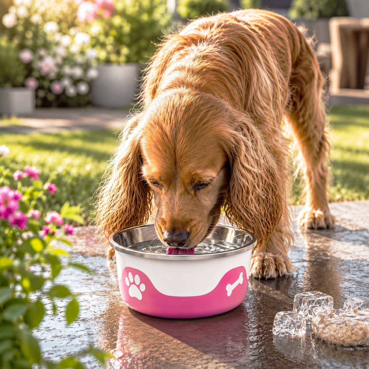 ThermaCool Dog Bowl in hot pink and white, with a stainless steel interior and paw and bone designs as a dog drinks