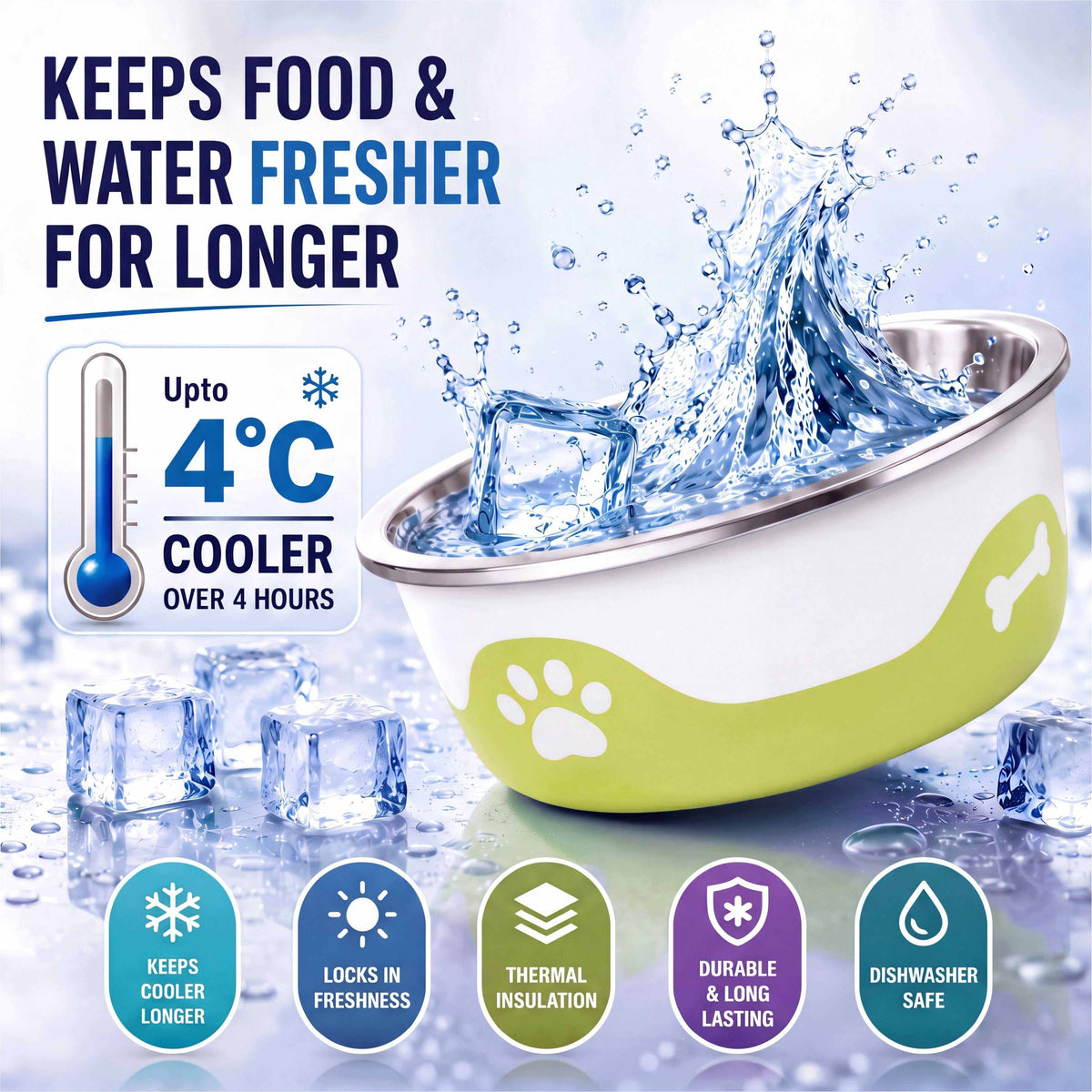 ThermaCool Dog Bowl with a silver stainless steel interior, olive green paw-print casing and splash graphic