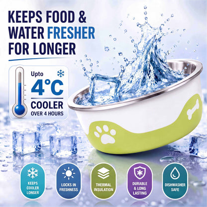 ThermaCool Dog Bowl with a silver stainless steel interior, olive green paw-print casing and splash graphic