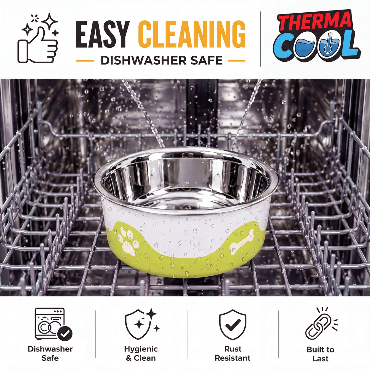 ThermaCool Dog Bowl with an olive green spotted outer layer, stainless steel interior, and dishwasher-safe design