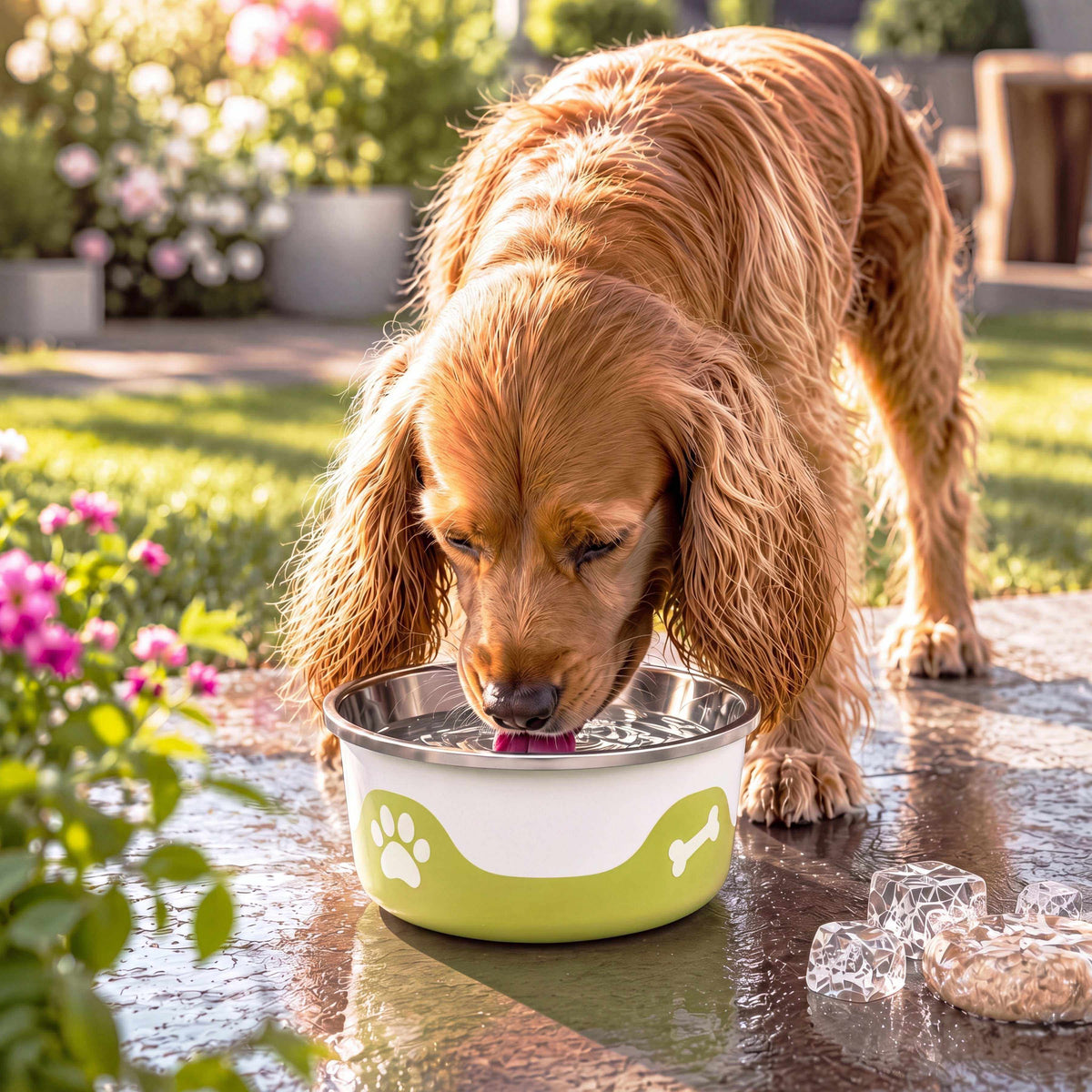 ThermaCool Dog Bowl in olive green with a stainless steel interior, white paw-print design and non-slip base