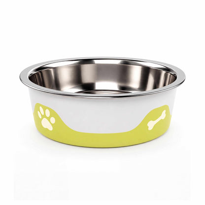 Stainless steel dog bowl with green and white outer body, paw and bone icons