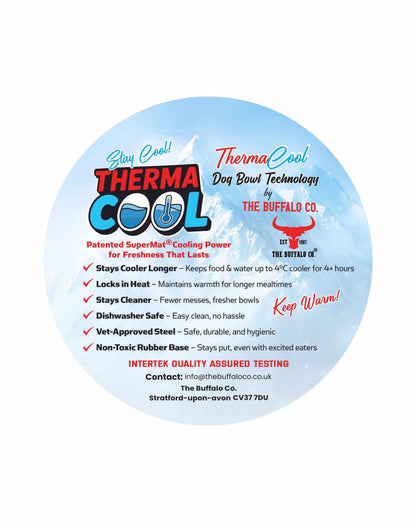 ThermaCool Dog Bowl insert with a pale blue circular design, red and teal lettering, and cooling feature details