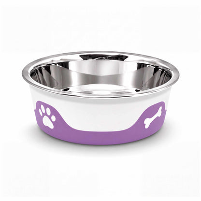 ThermaCool Dog Bowl in purple with a stainless steel interior, white outer shell and paw and bone motifs