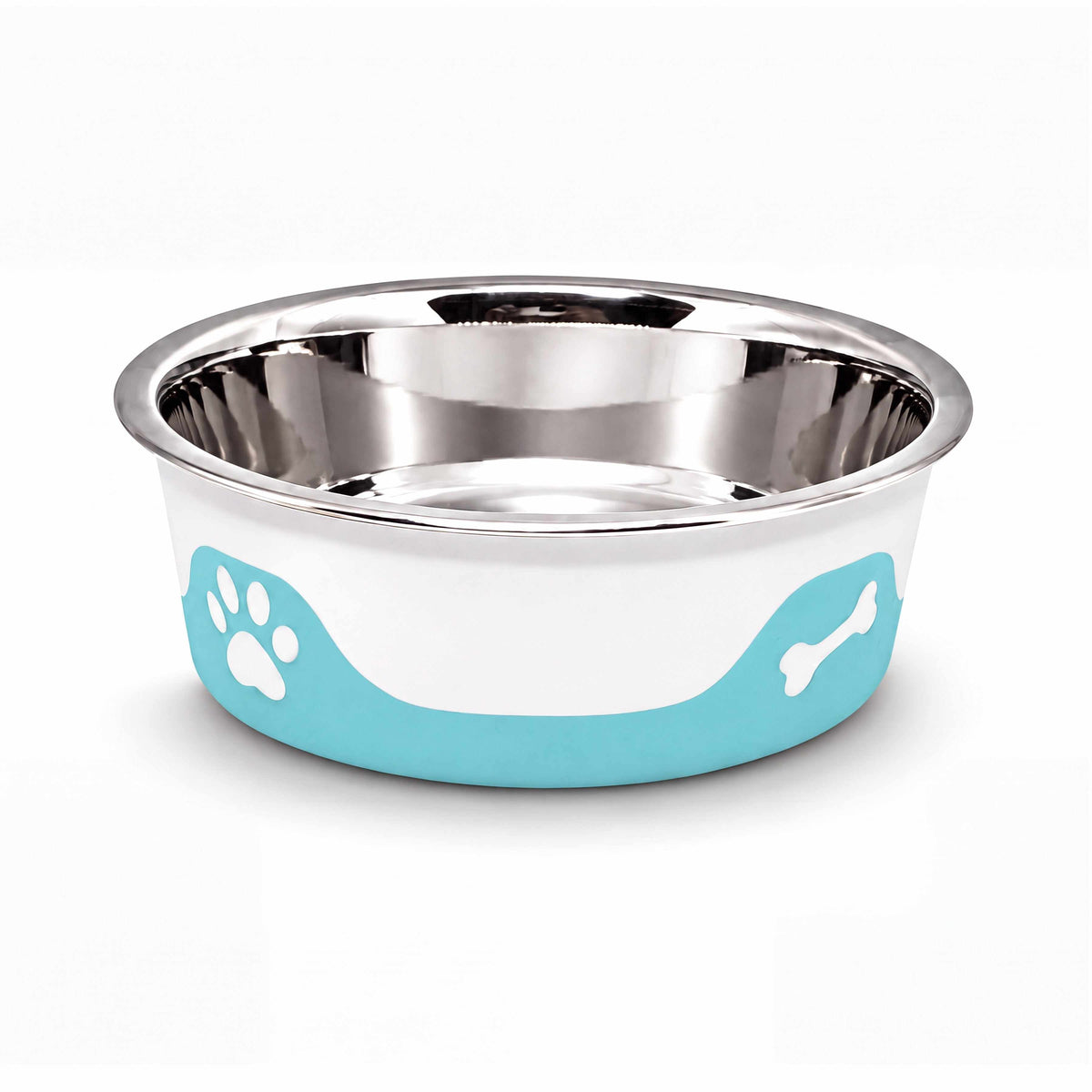 ThermaCool Dog Bowl with a shiny stainless steel interior and pale aqua blue base decorated with white paw and bone motifs