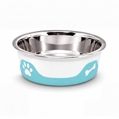 ThermaCool Dog Bowl with a shiny stainless steel interior and pale aqua blue base decorated with white paw and bone motifs