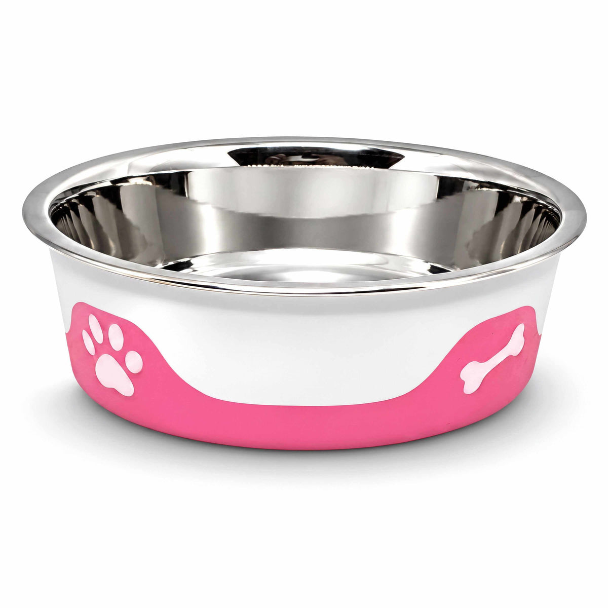 ThermaCool Dog Bowl with stainless steel interior, hot pink thermoplastic base and white paw and bone motifs