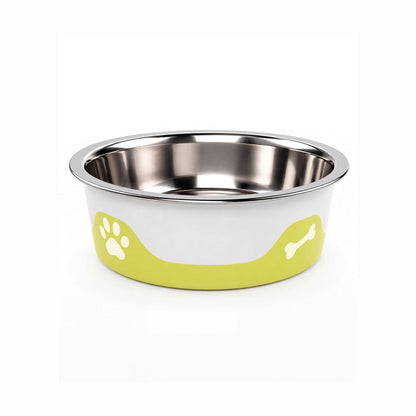 ThermaCool Dog Bowl with a stainless steel interior, silver rim, and lime green base featuring white paw and bone motifs