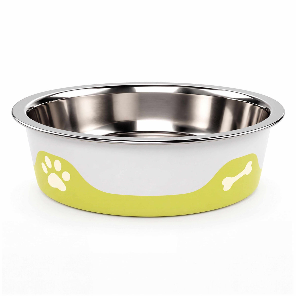 Insulated pet bowl with stainless steel rim and green outer base with paw pattern