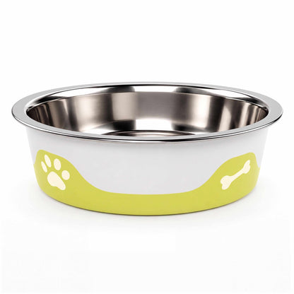 Insulated pet bowl with stainless steel rim and green outer base with paw pattern