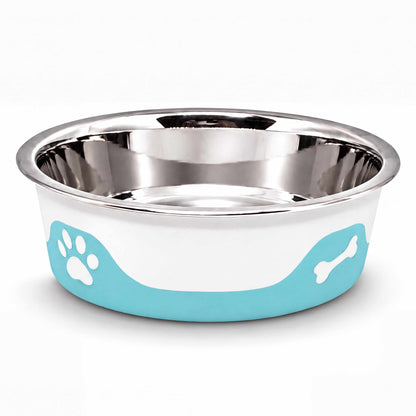 ThermaCool Dog Bowl with a reflective stainless steel interior and white outer shell, featuring a turquoise band with paw and bone motifs