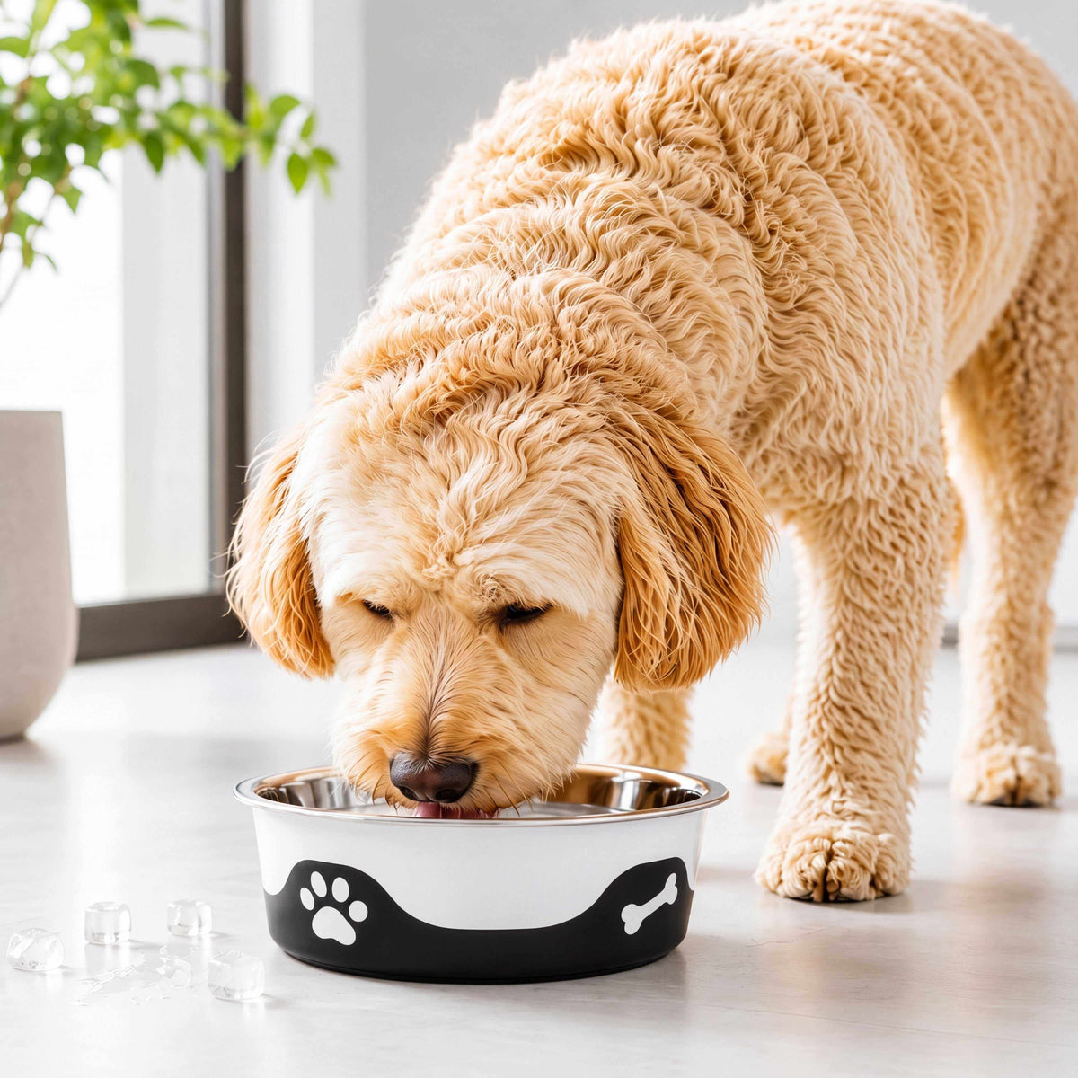 ThermaCool Dog Bowl in white and black with stainless steel rim, paw and bone motifs, as a dog drinks