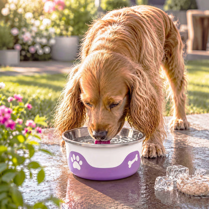 ThermaCool Dog Bowl in white and grape purple, with a stainless steel rim and paw-print and bone motifs, holds water for a dog