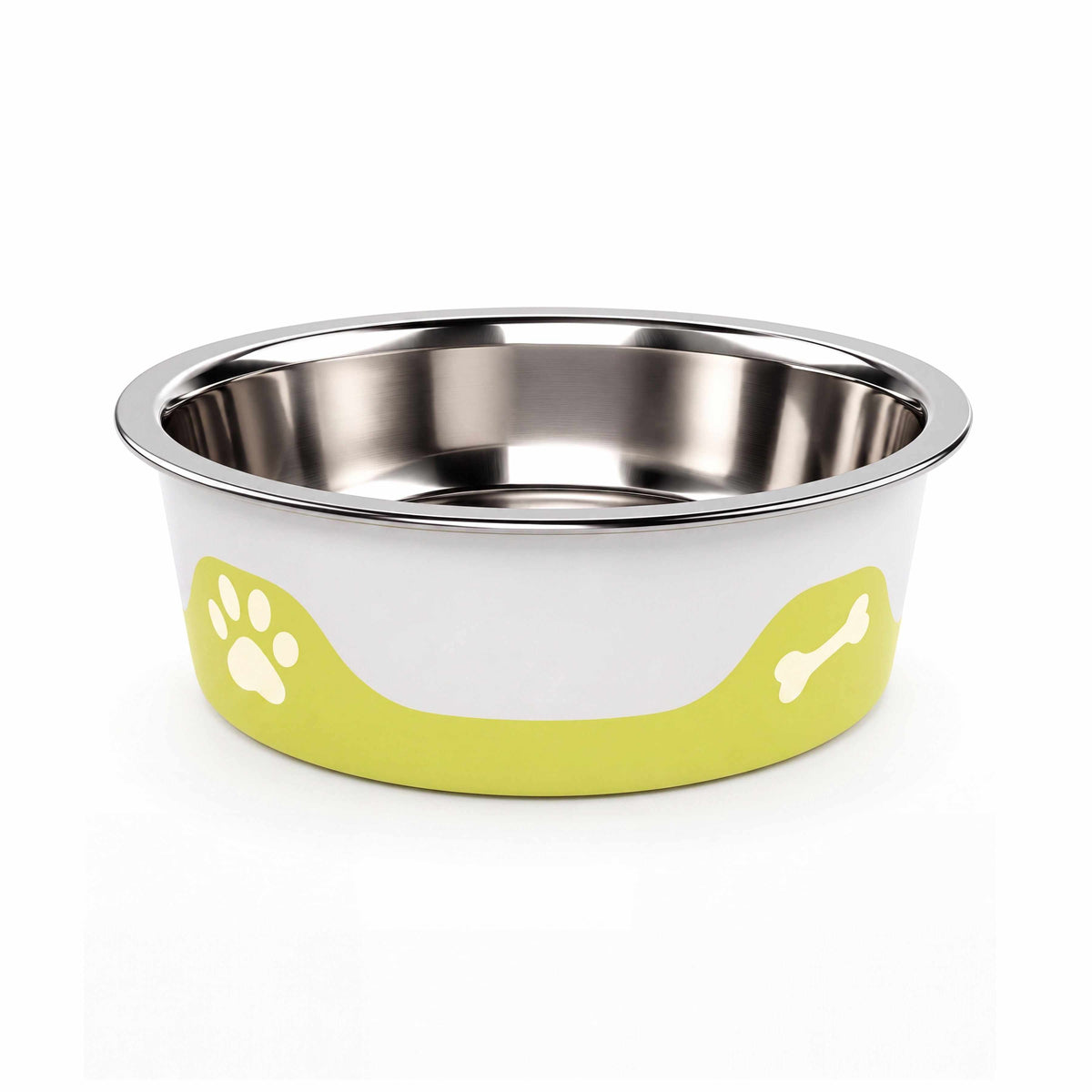 ThermaCool Dog Bowl with a stainless steel interior, white exterior and lime green paw and bone design