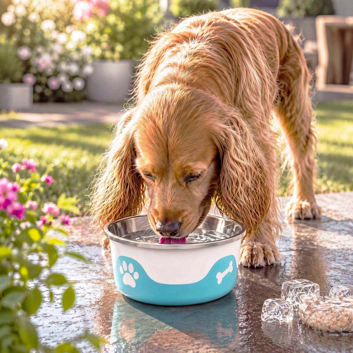 ThermaCool Dog Bowl in white and turquoise with stainless steel interior and paw and bone motifs, lapped by a golden dog